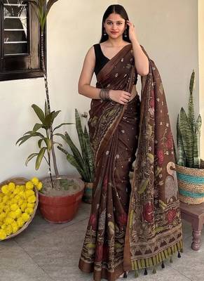 Brown pichwai work floral chanderi cotton saree with blouse piece 3