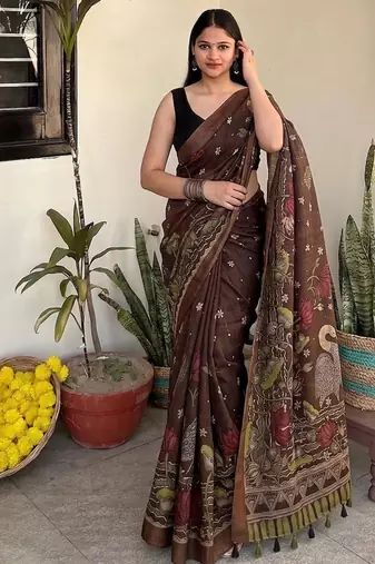 Brown pichwai work floral chanderi cotton saree with blouse piece