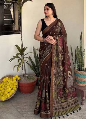 Brown pichwai work floral chanderi cotton saree with blouse piece 4