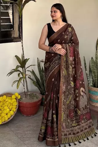 Brown pichwai work floral chanderi cotton saree with blouse piece