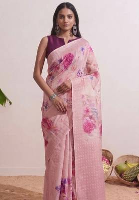 Rose pink floral chanderi silk saree with blouse piece 1
