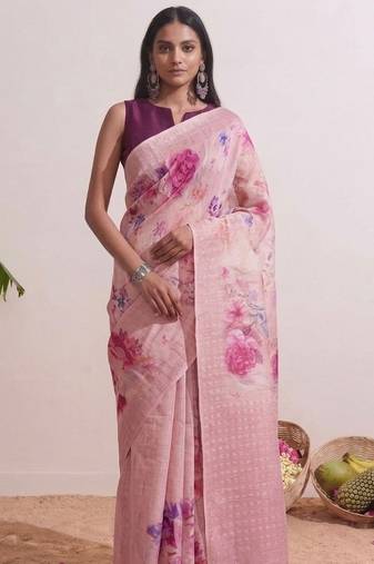 Rose pink floral chanderi silk saree with blouse piece