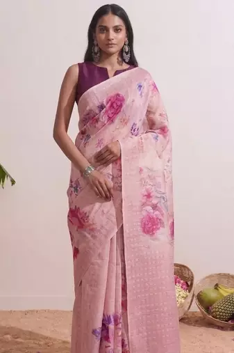 Rose pink floral chanderi silk saree with blouse piece