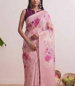 Rose pink floral chanderi silk saree with blouse piece