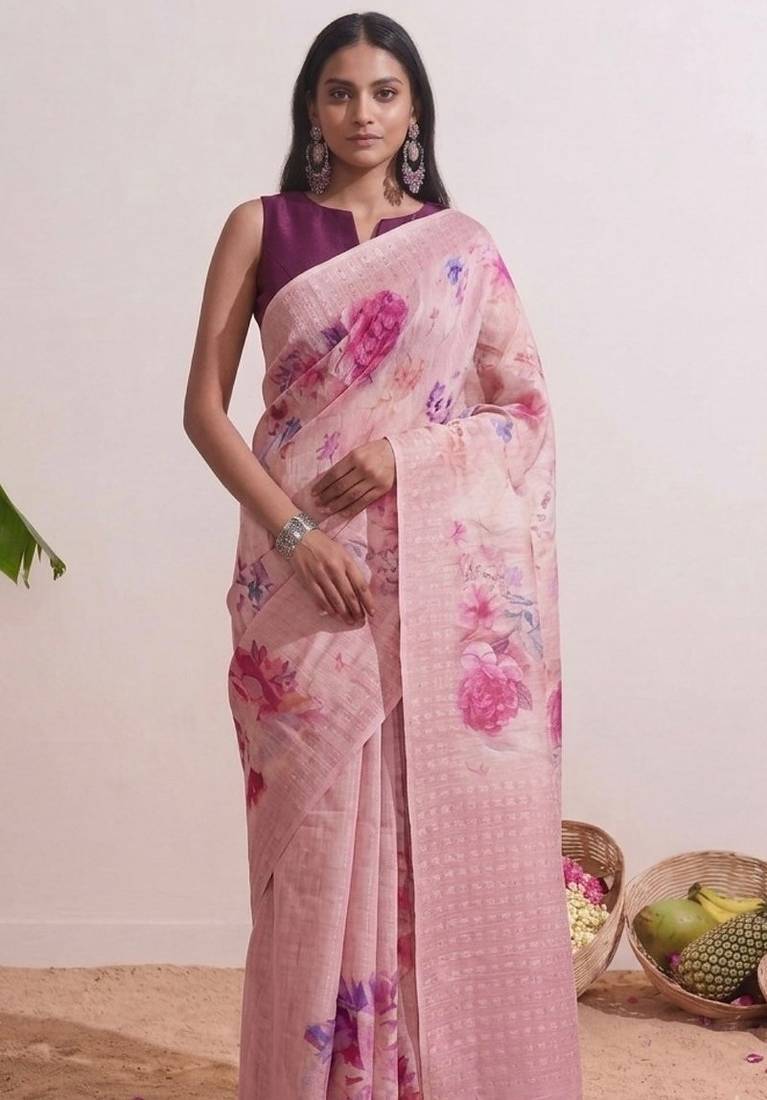 Rose pink floral chanderi silk saree with blouse piece