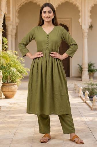 Women's Long Flared V-Neck with Button Details Anarkali shape Empire Waist,Kurta Pant Set