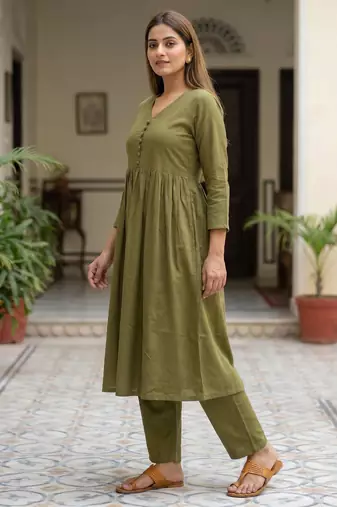 Women's Long Flared V-Neck with Button Details Anarkali shape Empire Waist,Kurta Pant Set
