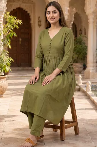 Women's Long Flared V-Neck with Button Details Anarkali shape Empire Waist,Kurta Pant Set