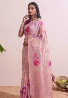 Rose pink floral chanderi silk saree with blouse piece 2