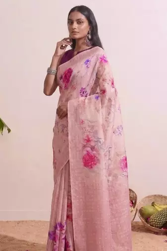 Rose pink floral chanderi silk saree with blouse piece