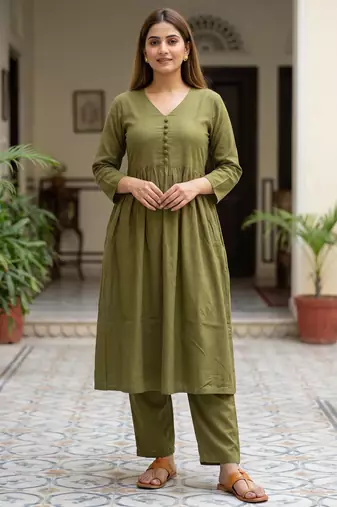 Women's Long Flared V-Neck with Button Details Anarkali shape Empire Waist,Kurta Pant Set
