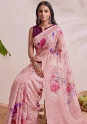 Rose pink floral chanderi silk saree with blouse piece 3