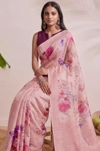 Rose pink floral chanderi silk saree with blouse piece