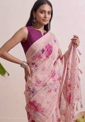 Rose pink floral chanderi silk saree with blouse piece 4