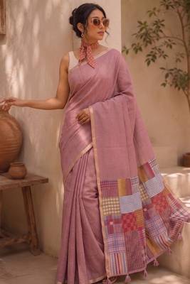 Dusty rose cotton silk saree with woven patchwork with blouse piece 1