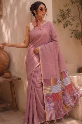 Dusty rose cotton silk saree with woven patchwork with blouse piece