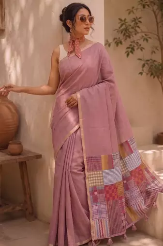 Dusty rose cotton silk saree with woven patchwork with blouse piece