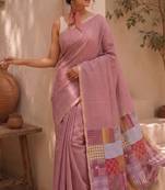 Dusty rose cotton silk saree with woven patchwork with blouse piece