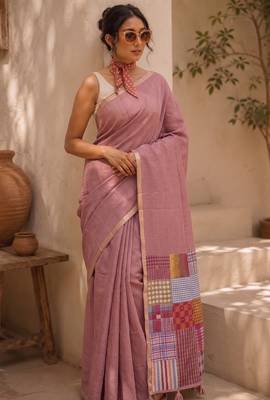 Dusty rose cotton silk saree with woven patchwork with blouse piece 2