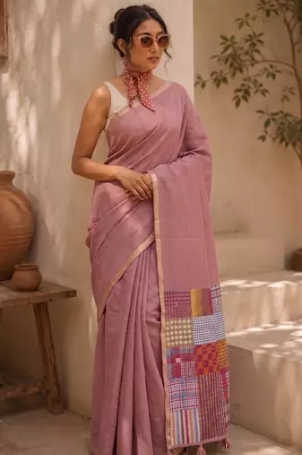 Dusty rose cotton silk saree with woven patchwork with blouse piece