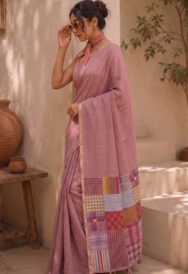 Dusty rose cotton silk saree with woven patchwork with blouse piece 3