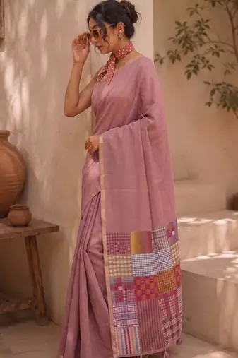 Dusty rose cotton silk saree with woven patchwork with blouse piece