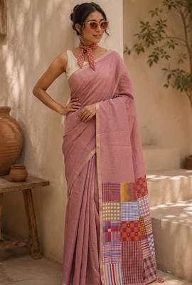 Dusty rose cotton silk saree with woven patchwork with blouse piece 4