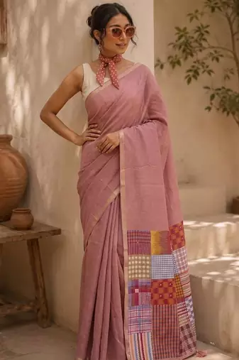 Dusty rose cotton silk saree with woven patchwork with blouse piece