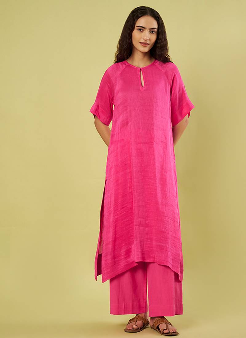 Pink handwoven linen khadi kurta and pant