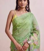 Pastel green floral chanderi silk saree with blouse piece