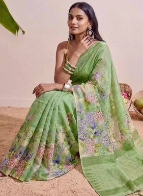 Pastel green floral chanderi silk saree with blouse piece 2
