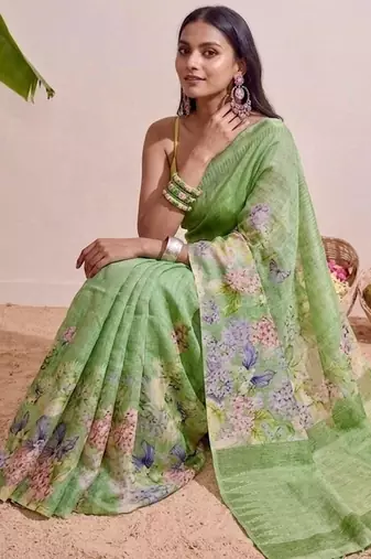 Pastel green floral chanderi silk saree with blouse piece