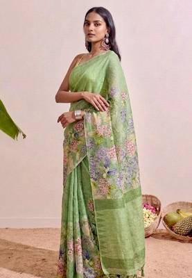Pastel green floral chanderi silk saree with blouse piece 3
