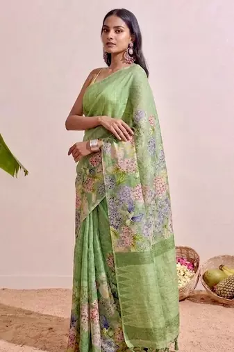 Pastel green floral chanderi silk saree with blouse piece