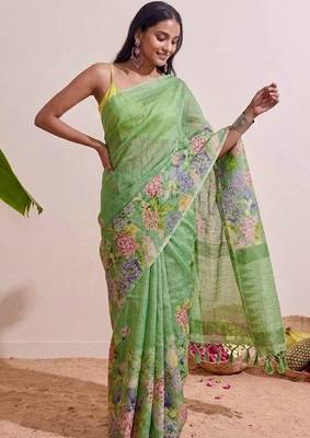 Pastel green floral chanderi silk saree with blouse piece 4