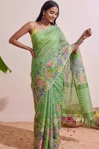 Pastel green floral chanderi silk saree with blouse piece