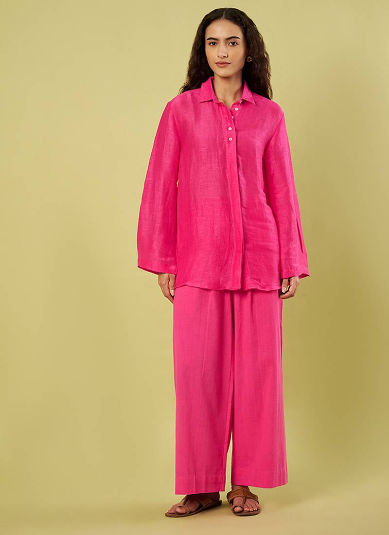 Pink handwoven linen khadi co ord set