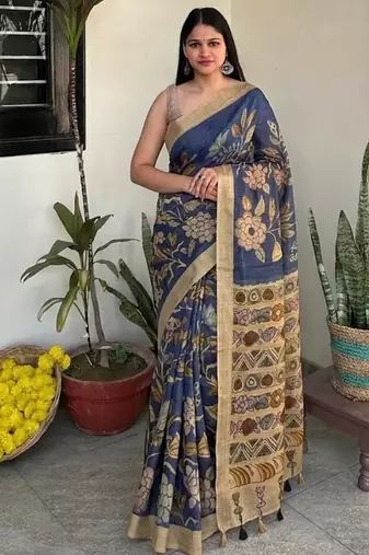 Blue kalamkari chanderi cotton saree with blouse piece