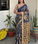 Blue kalamkari chanderi cotton saree with blouse piece