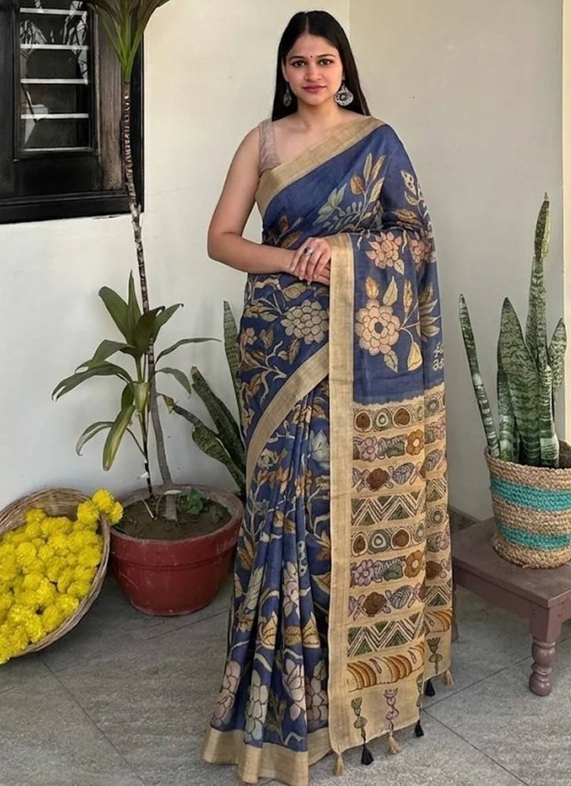 Blue kalamkari chanderi cotton saree with blouse piece