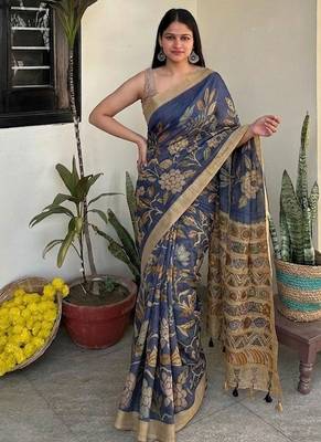 Blue kalamkari chanderi cotton saree with blouse piece 2