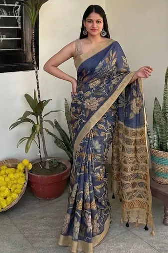 Blue kalamkari chanderi cotton saree with blouse piece