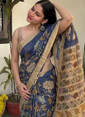 Blue kalamkari chanderi cotton saree with blouse piece 3