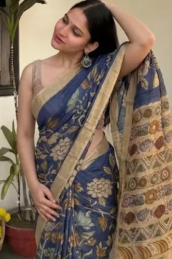 Blue kalamkari chanderi cotton saree with blouse piece
