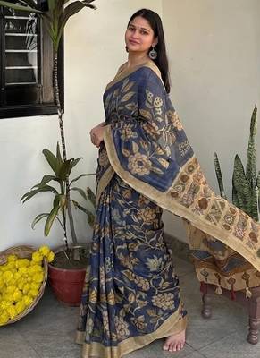 Blue kalamkari chanderi cotton saree with blouse piece 4
