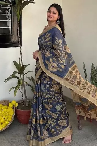 Blue kalamkari chanderi cotton saree with blouse piece