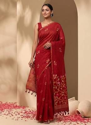 Red jamdani silk saree with floral pichwai work and blouse piece 1