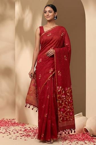 Red jamdani silk saree with floral pichwai work and blouse piece