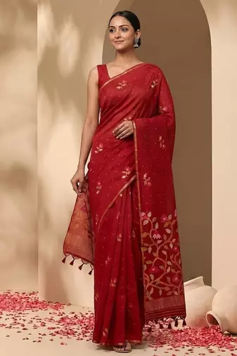 Red jamdani silk saree with floral pichwai work and blouse piece