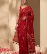 Red jamdani silk saree with floral pichwai work and blouse piece